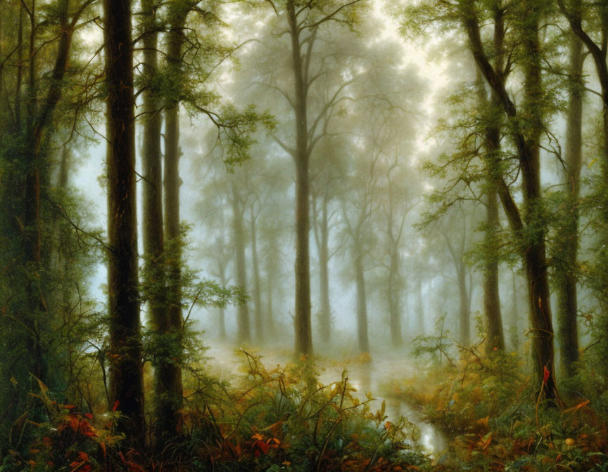 Misty Forest Scene with Tall Trees and Soft Light