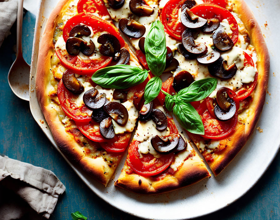 Freshly Baked Pizza with Mozzarella, Tomato, Olives, and Basil Leaves