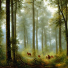 Misty Forest Scene with Tall Trees and Soft Light