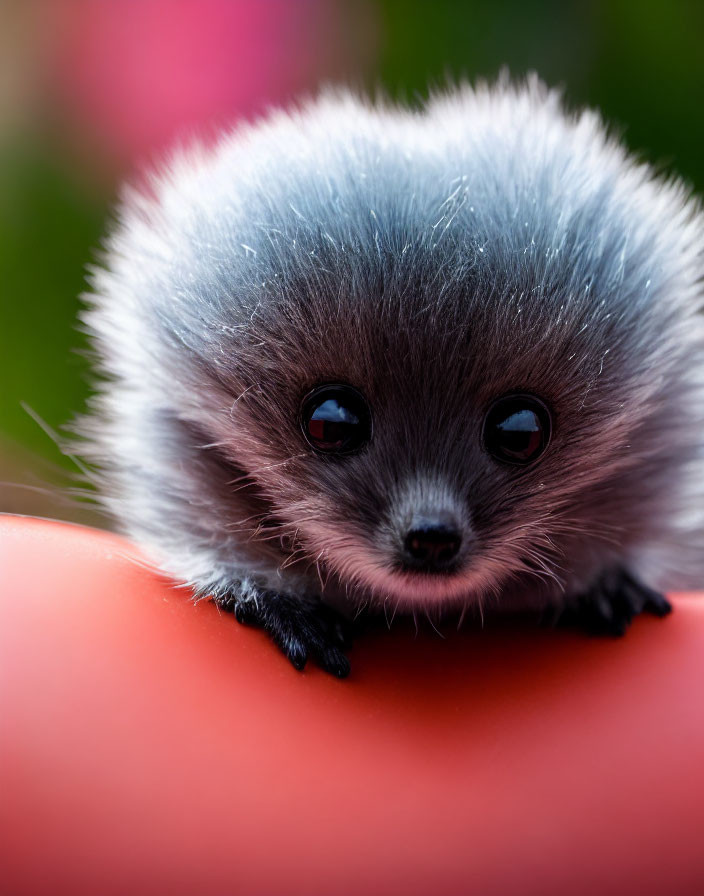 Fluffy gray creature with black eyes on red surface