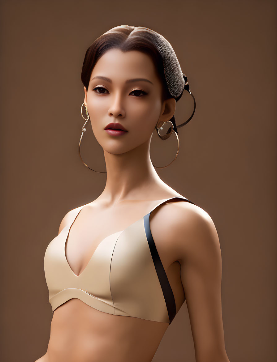 Woman portrait with sleek bun, hoop earrings, beige top, black strap, against muted backdrop