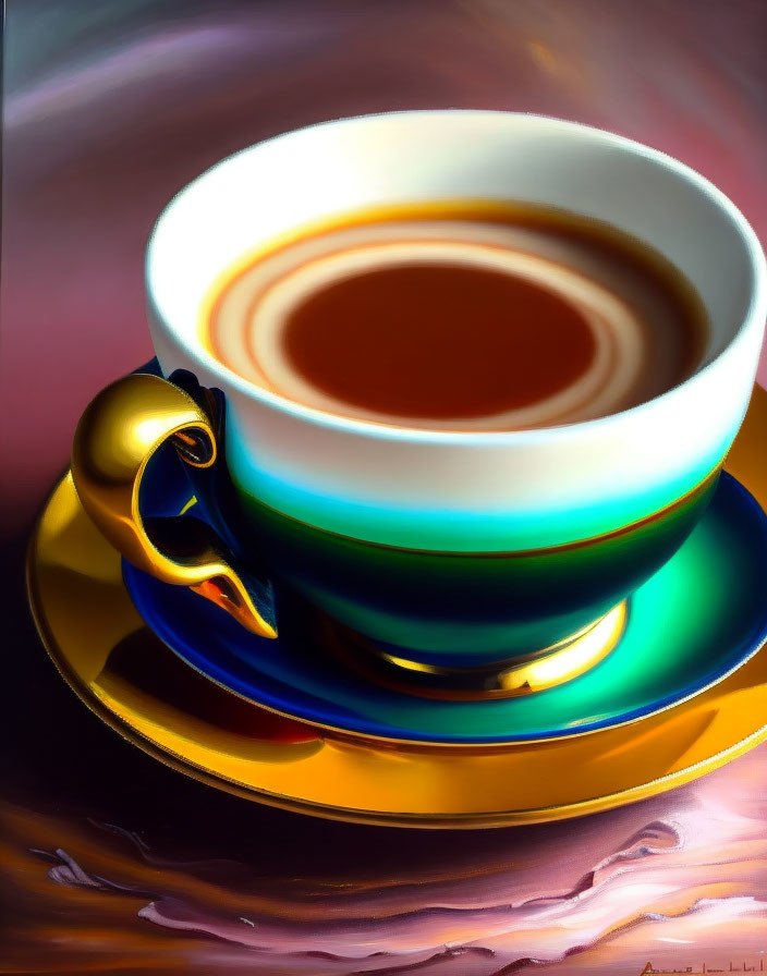 Colorful Surreal Coffee Cup Art with Swirling Reflections