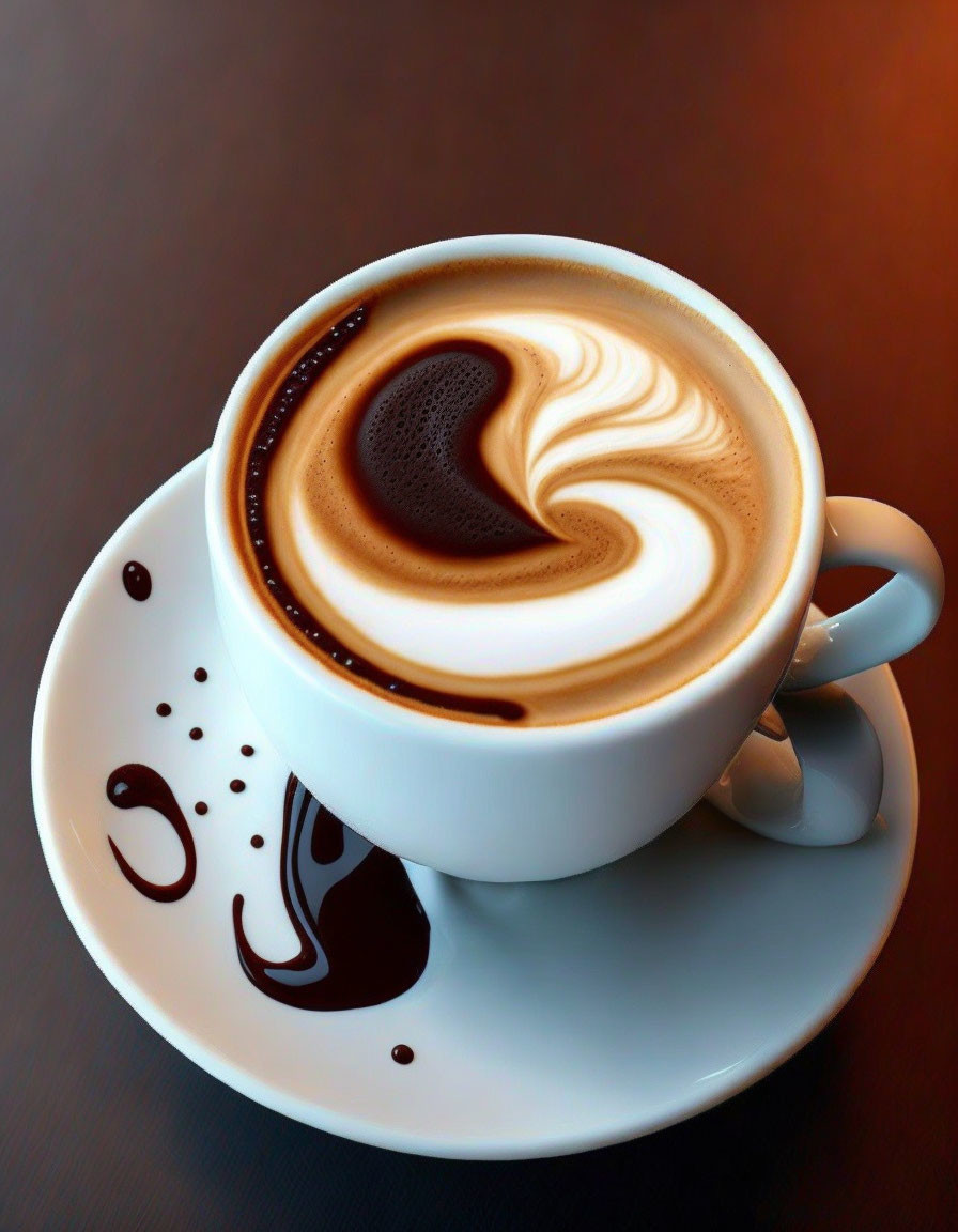 Cappuccino with Heart Latte Art on Saucer and Moody Background