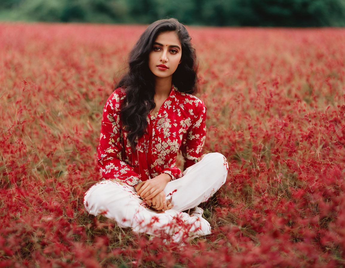 Woman in Red Patterned Outfit Sitting in Field of Red Flowers