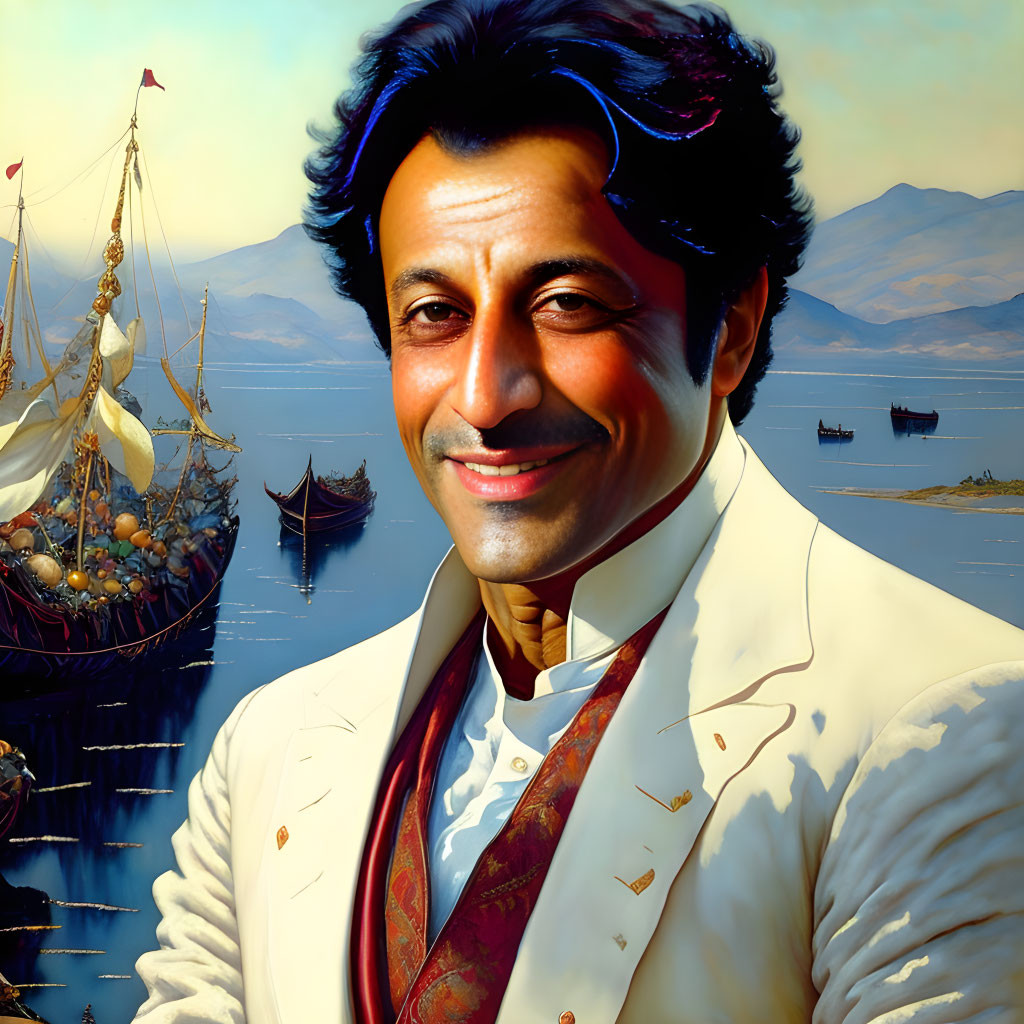 Smiling man with black hair in white jacket, tie, vintage ships, calm sea