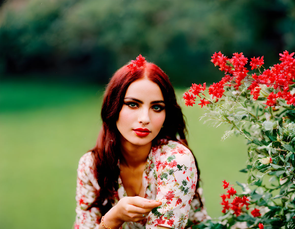 Red-haired woman in floral dress by red flowers with green background