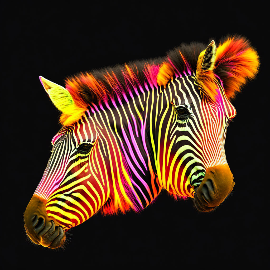 Colorful Neon Zebra Art Against Black Background