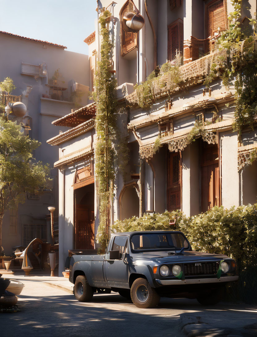 Vintage Truck Parked in Sunny Mediterranean Courtyard