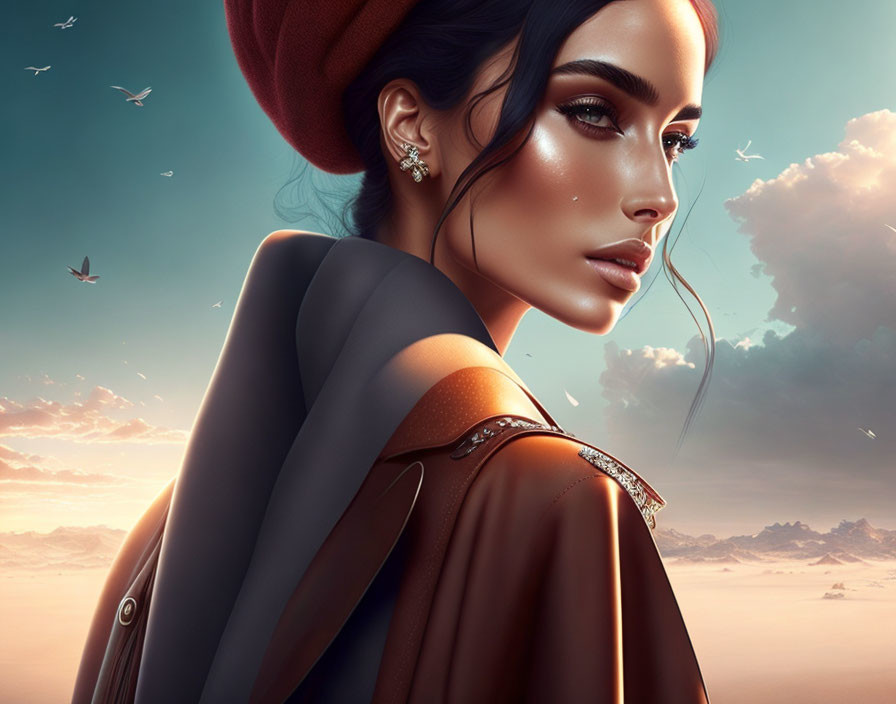 Serene desert sunset with elegant woman in red hat and dark coat