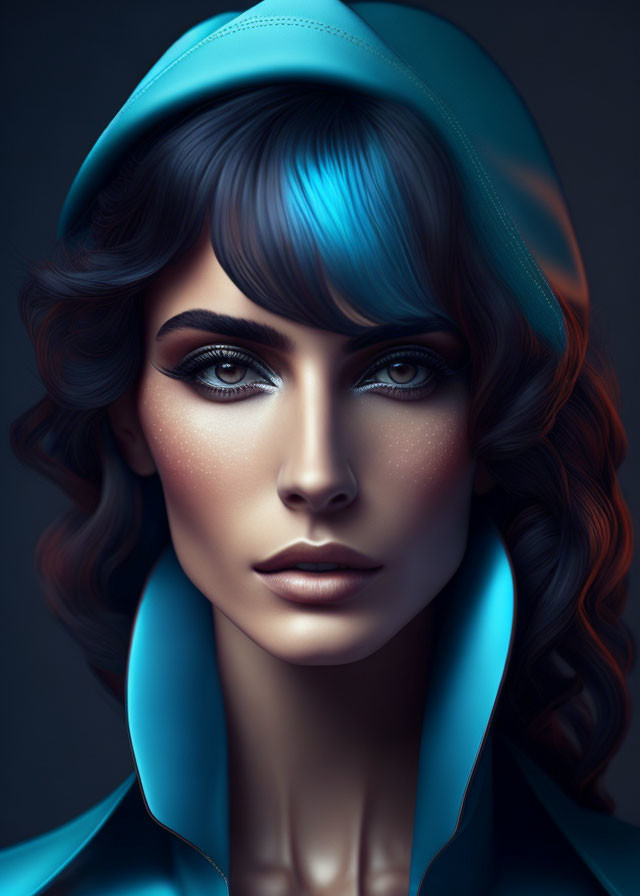 Sharp-featured woman with teal hair and hat in digital portrait