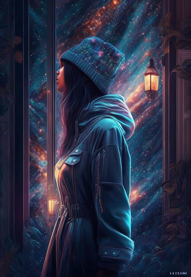 Woman in blue jacket gazes at cosmic galaxy through open doorway