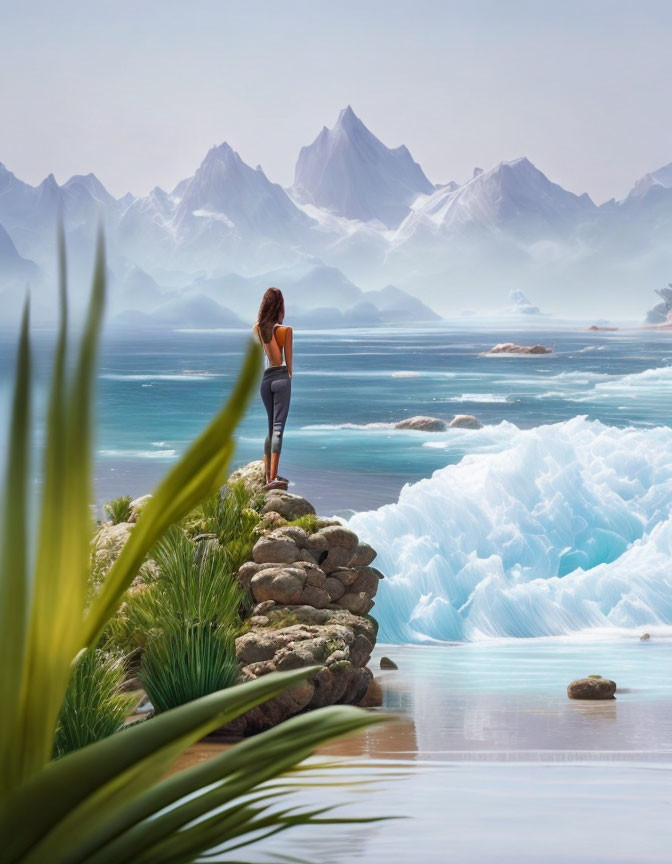 Person on rocky outcrop gazes at arctic landscape with icebergs and misty mountains