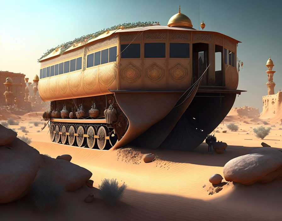 Golden-trimmed landship crossing desert with sand dunes and distant towers