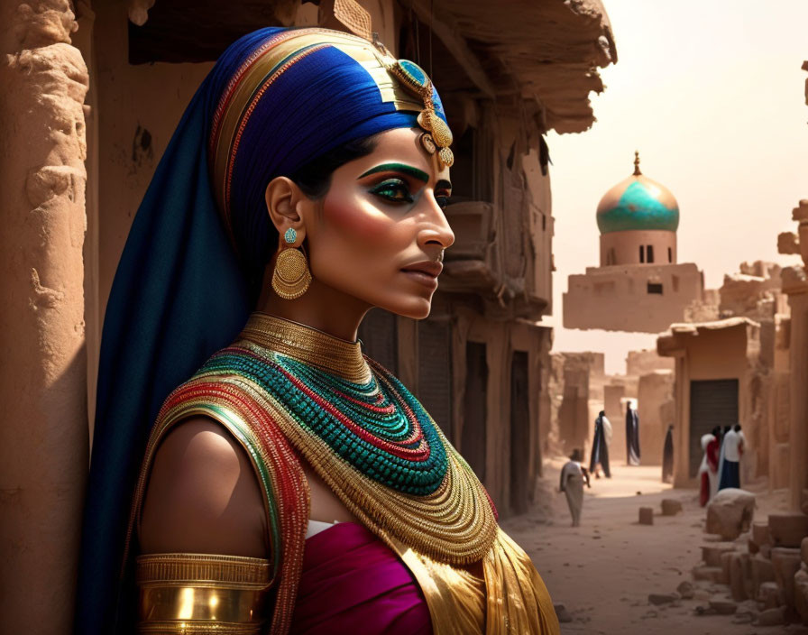 Ancient Egyptian woman illustration with vibrant jewelry and historic backdrop