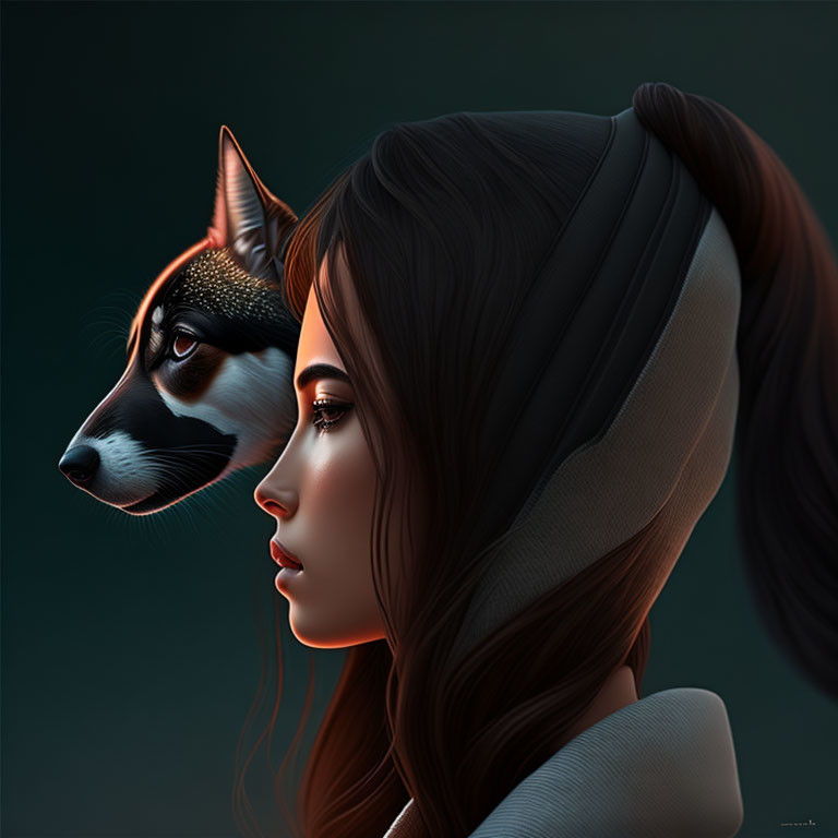 Woman and dog digital artwork with dark background depicting human-animal connection