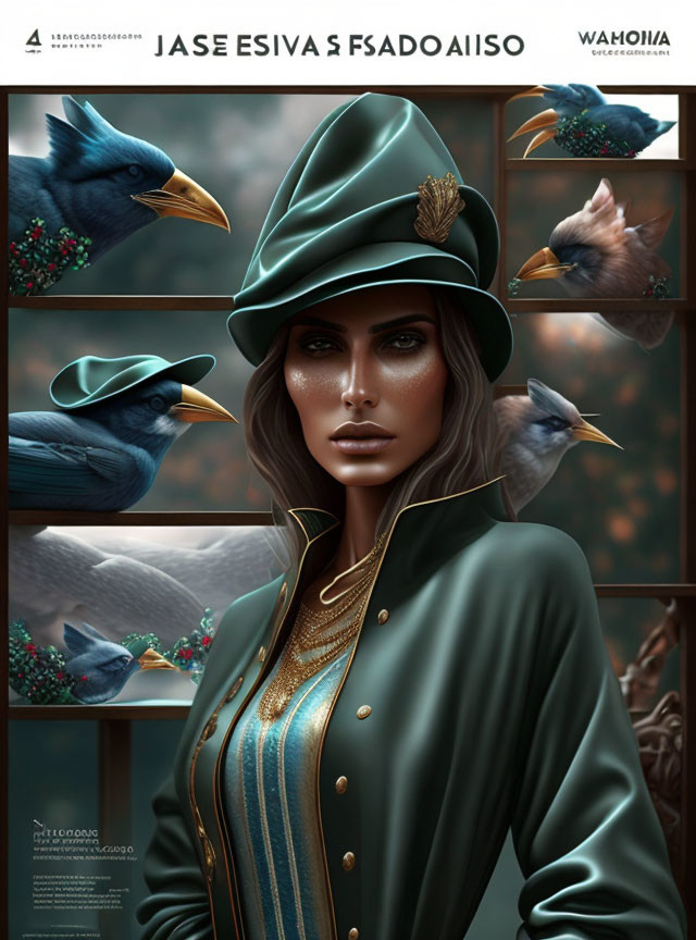 Stylized portrait of woman in teal hat and coat with birds and gold accents