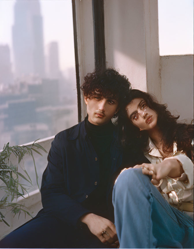 Young individuals by window with cityscape background, one in dark shirt, one in light blouse