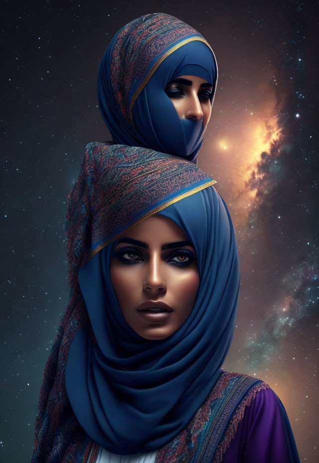 Two women in hijabs under cosmic sky in rich blue and purple tones