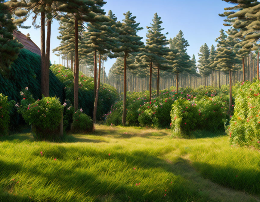 Tranquil sunlit glade with pine trees and flowering bushes