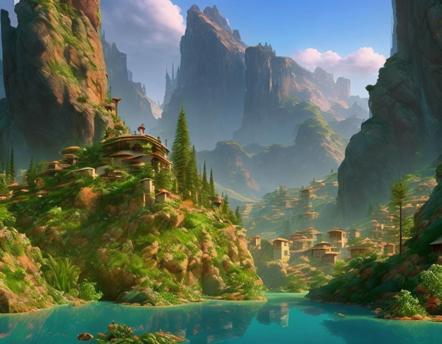 Mystical valley with terraced housing and towering cliffs