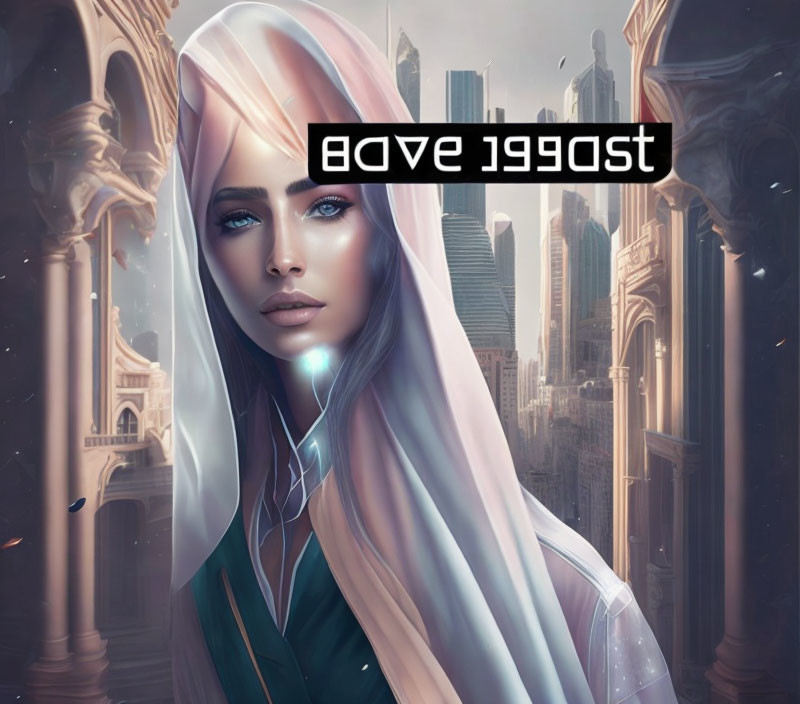 Futuristic digital artwork of woman with blue eyes in high-tech cityscape