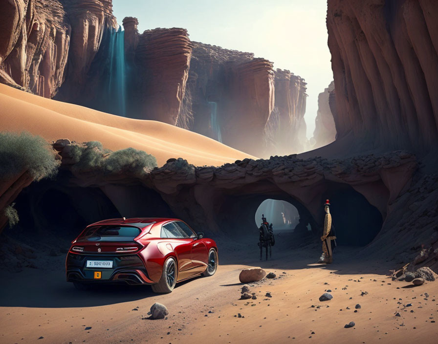 Red Car Parked in Desert Canyon with Waterfall, Two People, Horse, Stone Archway