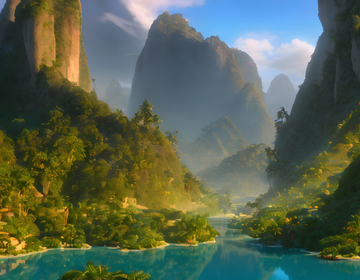 Lush green mountains, misty forests, and tranquil river at dawn