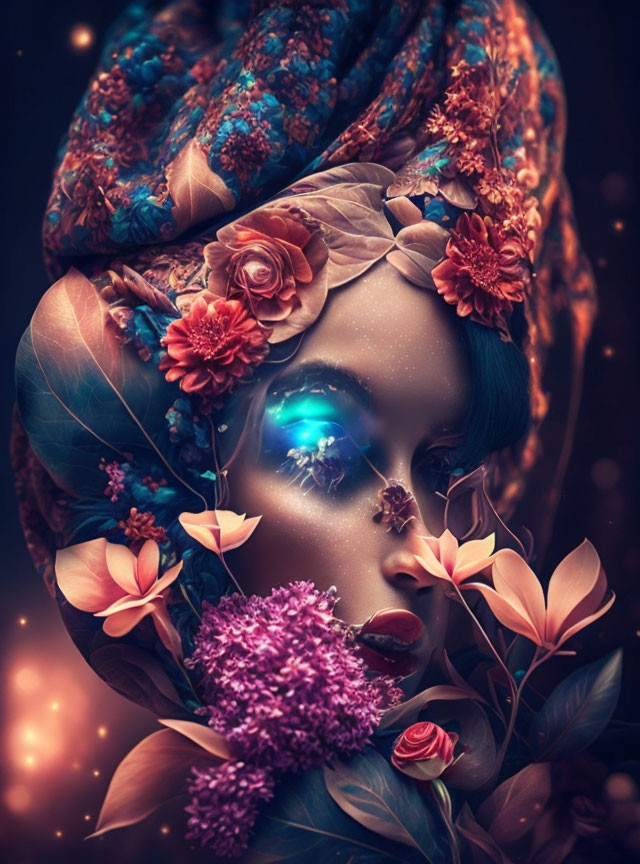 Digital artwork: Woman surrounded by floral elements and vibrant colors