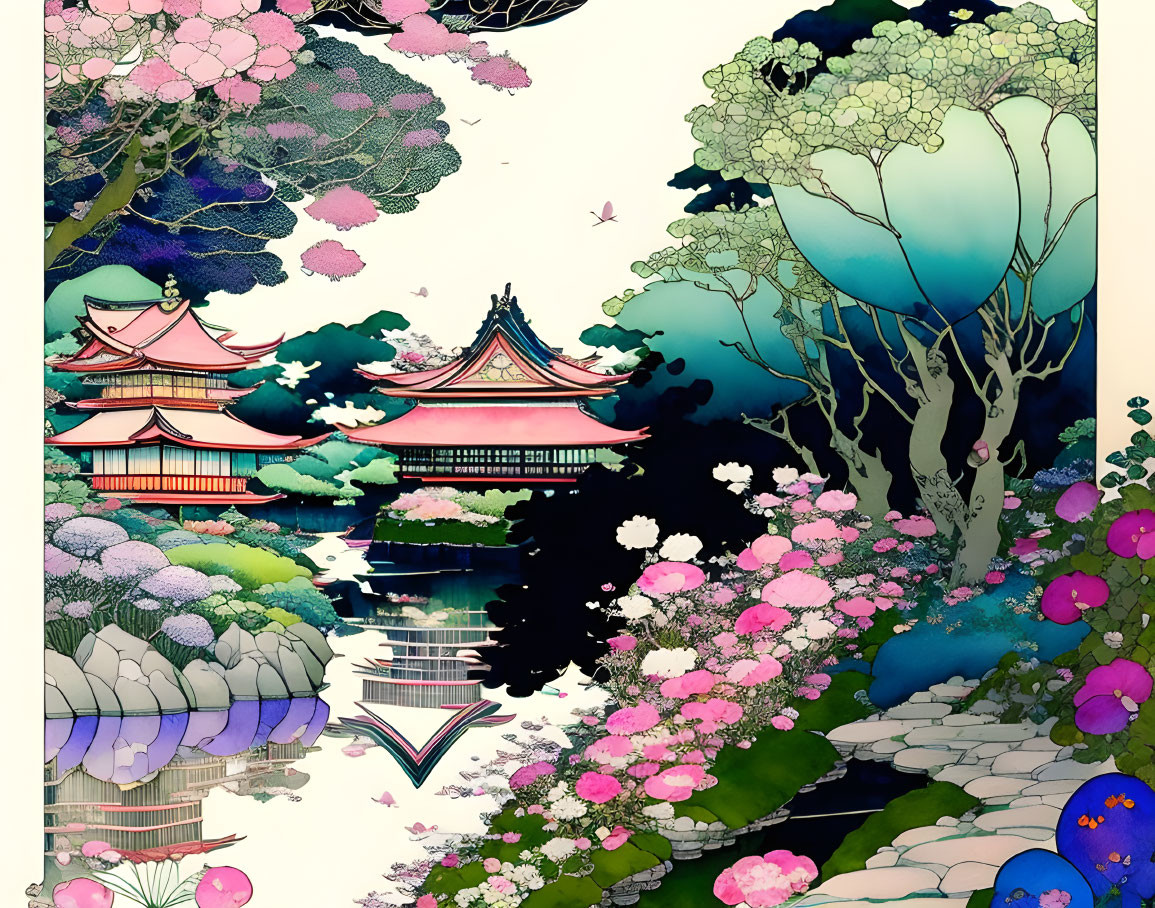 Detailed Asian architecture with lush floral landscapes and serene pond