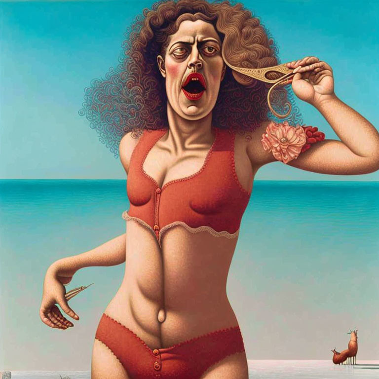 Surreal painting featuring woman in red bikini, pulling thread from mouth with scissors, and snail