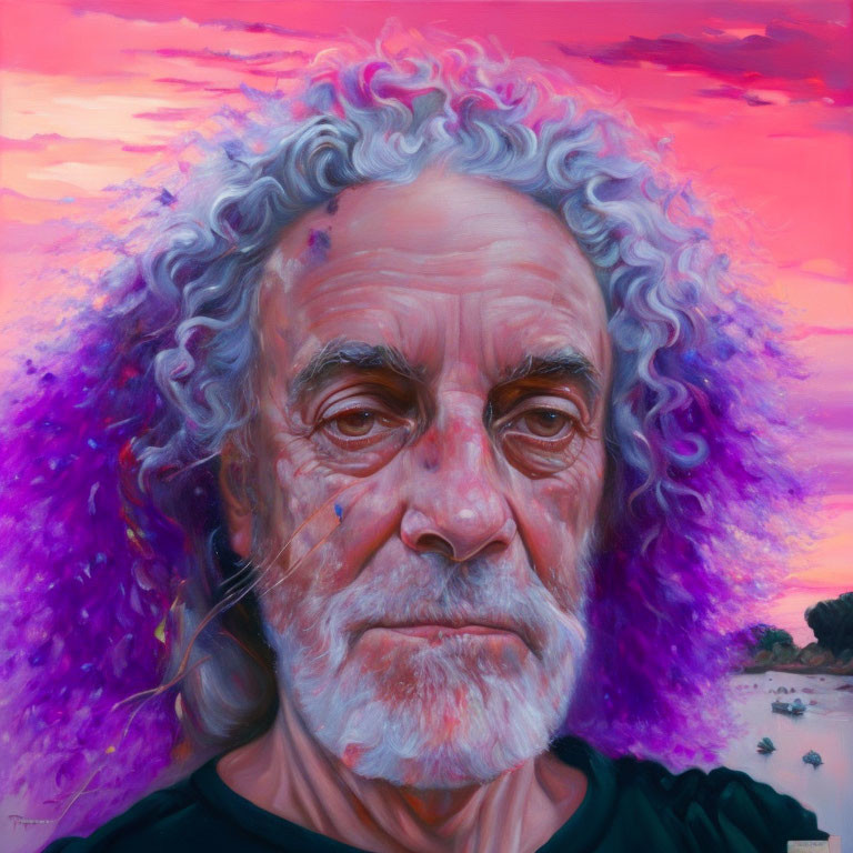 Elderly man with gray curly hair in front of pink and purple sunset