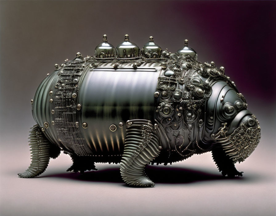 Metallic pig sculpture with steampunk aesthetics and intricate mechanical details