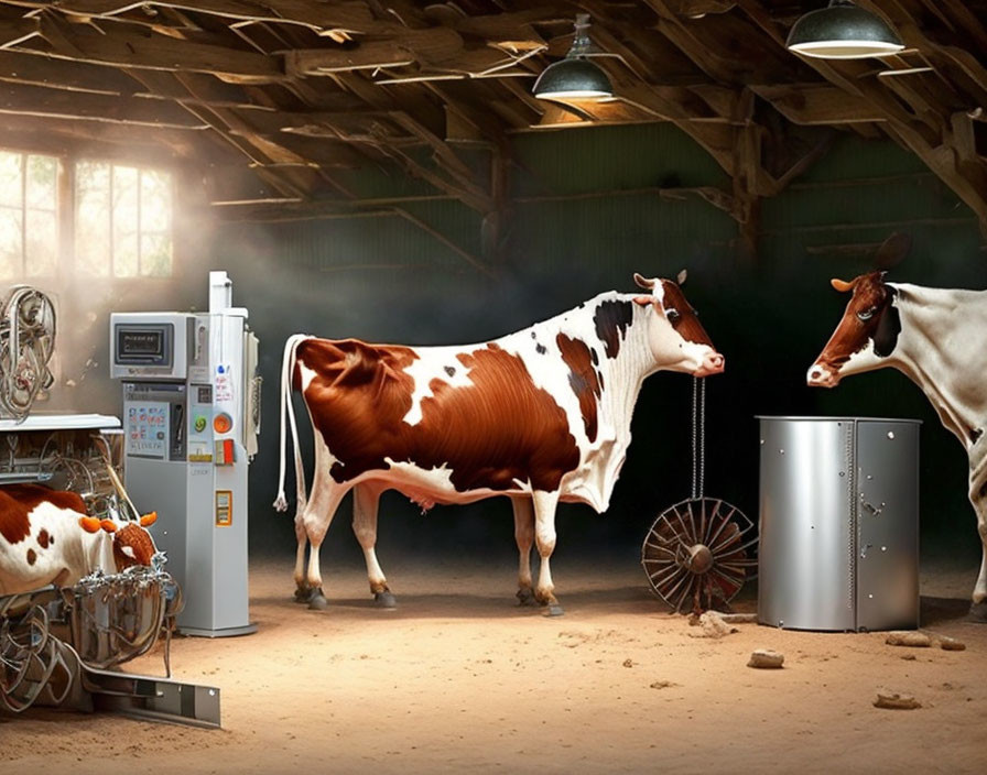 Modern milking equipment in barn with two cows