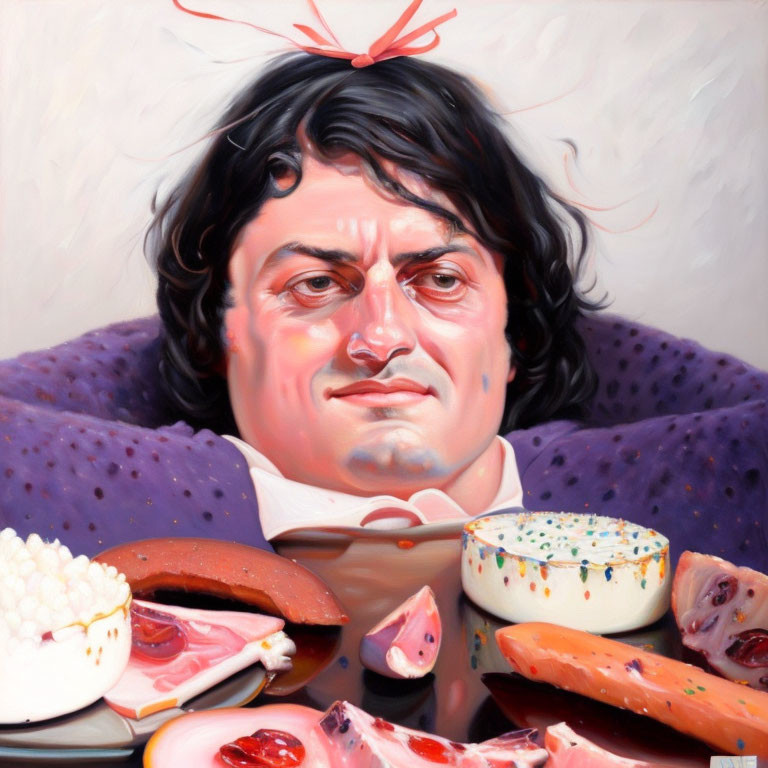 Colorful portrait of man with dark hair, red ribbon, and food still life.