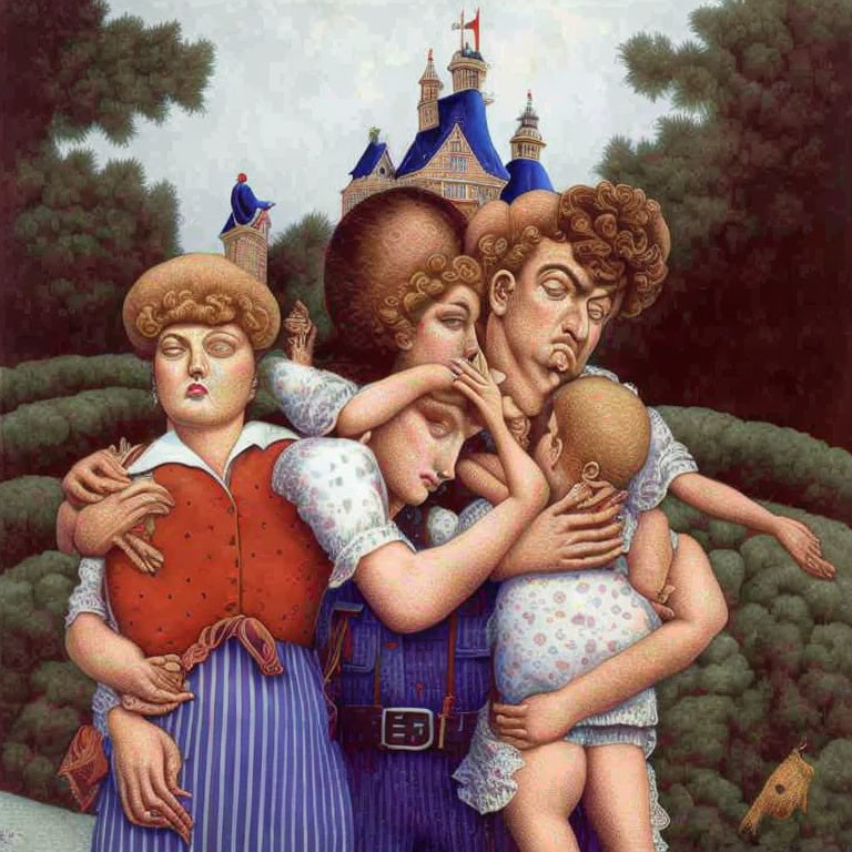 Surrealist painting of four figures with oversized heads in front of a castle and topiary