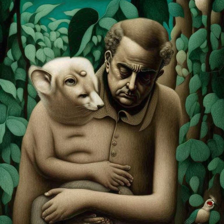 Surreal illustration of man embracing creature in green foliage