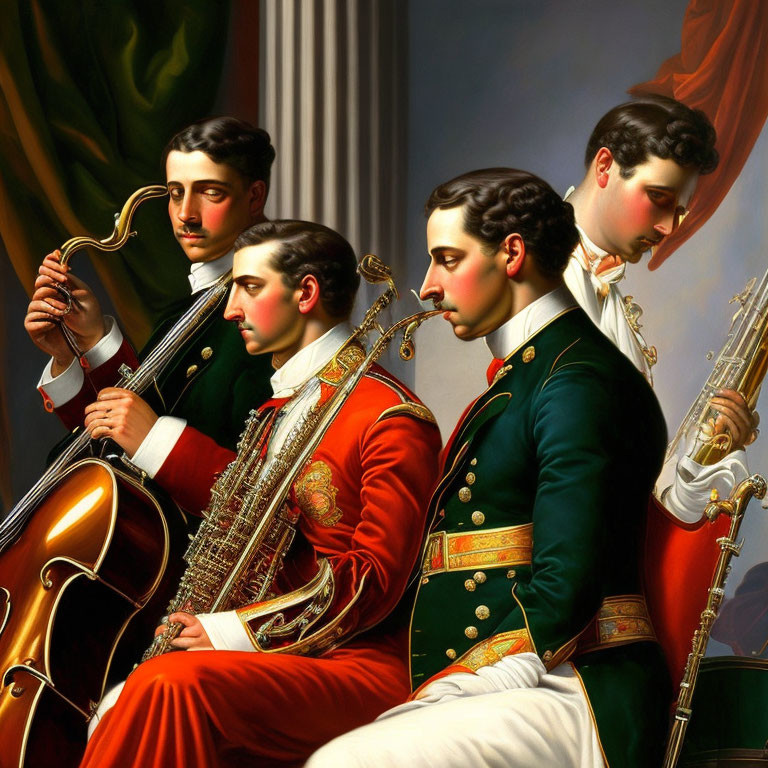 Four musicians in ornate uniforms with string and brass instruments against draped curtains.