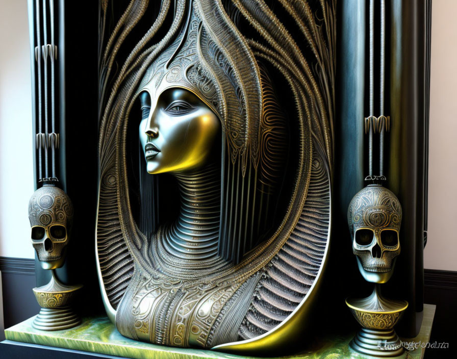 Stylized artwork of central figure with Egyptian headdress and skull vases