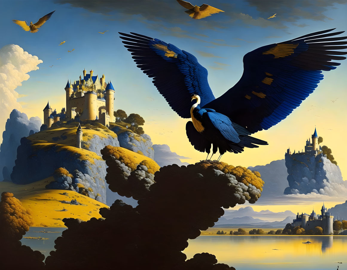 Fantastical landscape with large eagle, castles, and dramatic sky