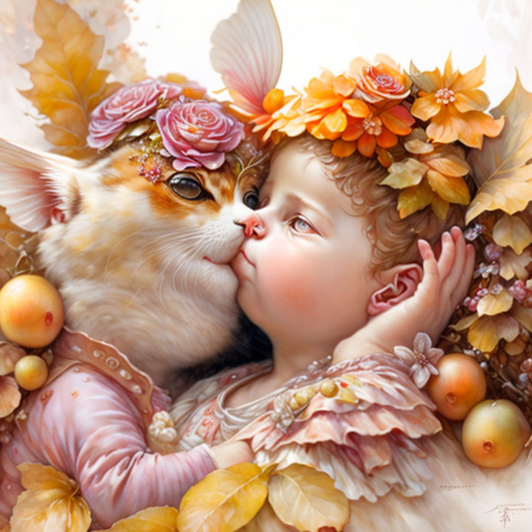 Baby in Floral Headband Cuddling Cat Among Autumn Leaves