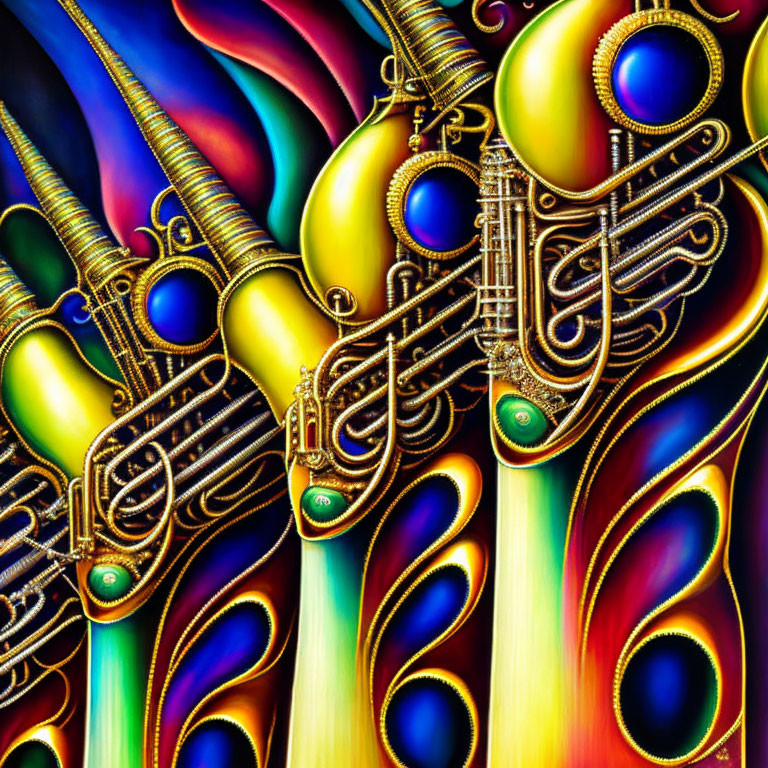 Colorful swirling patterns with metallic trumpet-like designs and vibrant peacock feather-like elements in abstract digital art