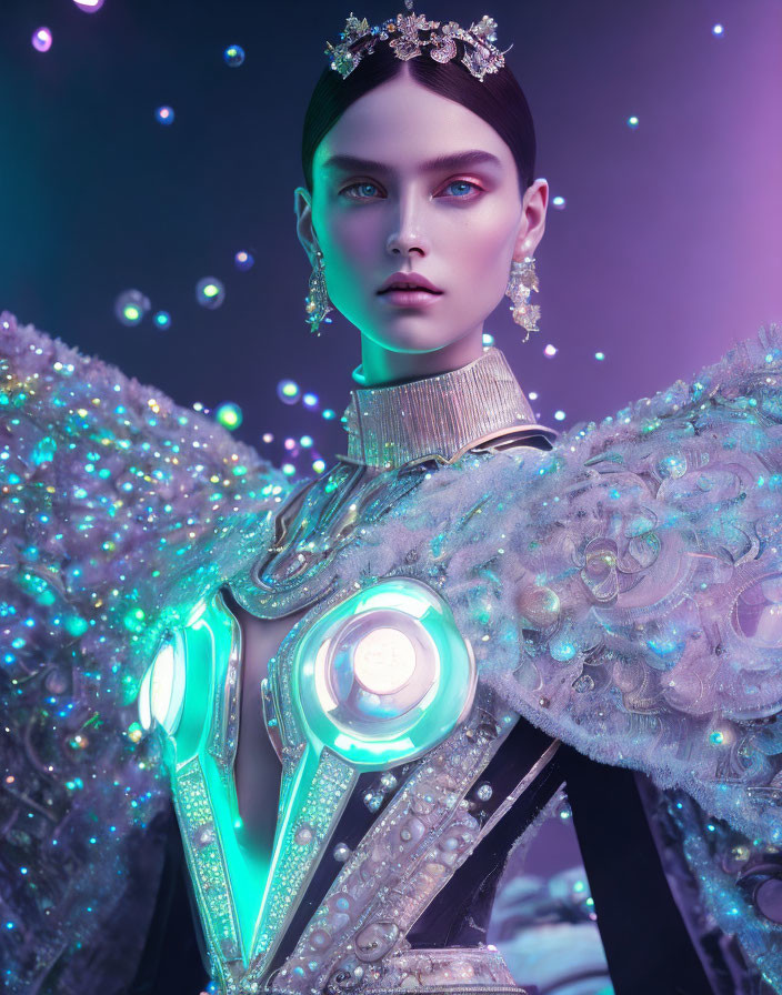 Futuristic female model with glowing fashion elements on purple backdrop