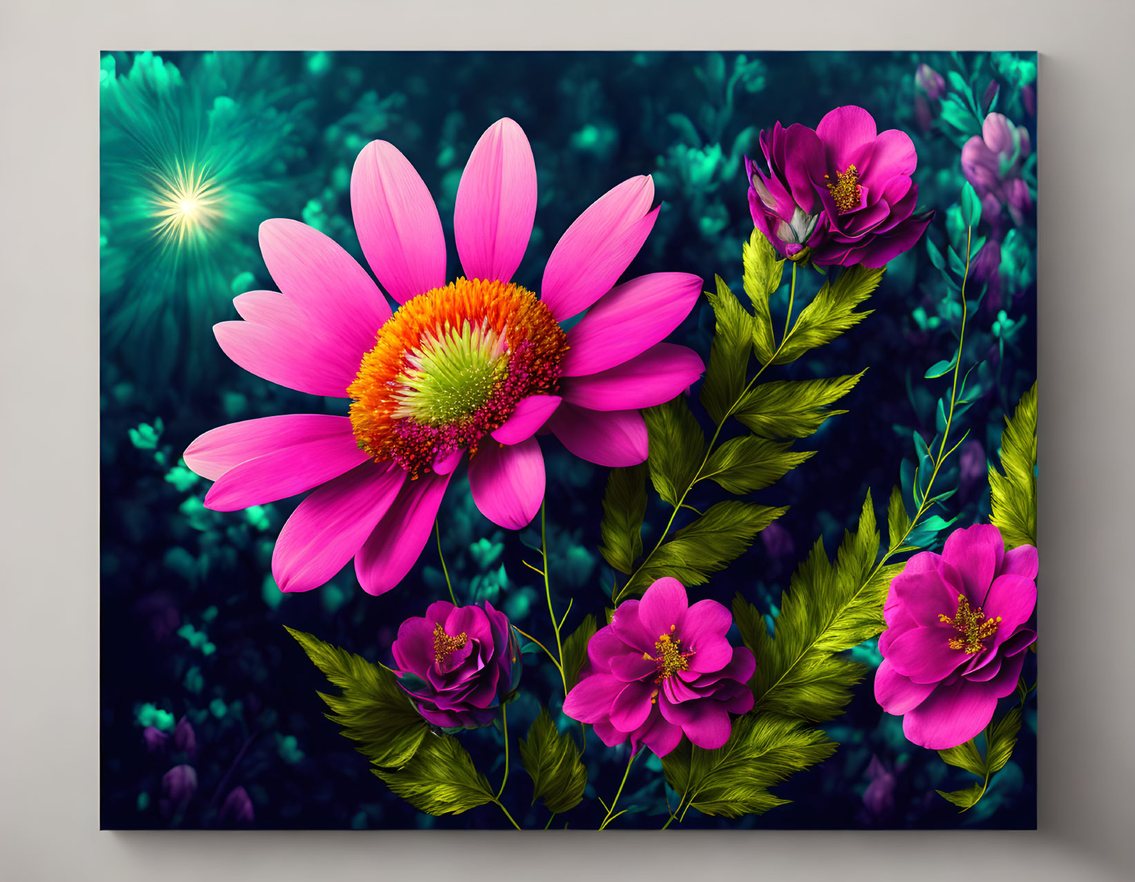 Colorful Pink and Magenta Flowers with Green Foliage on Teal Background