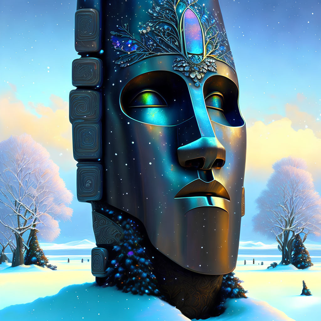 Surreal digital artwork: massive ornate mask, starry night theme, snowy landscape.