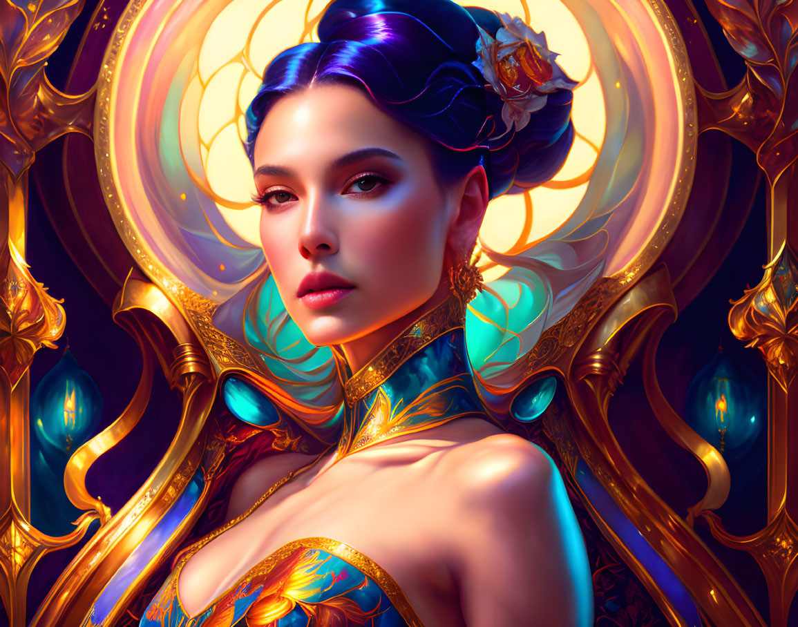 Vibrant blue hair and golden accessories on a woman in a stylized portrait