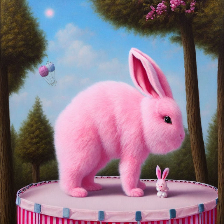 Whimsical painting of oversized pink rabbit in forest circus setting