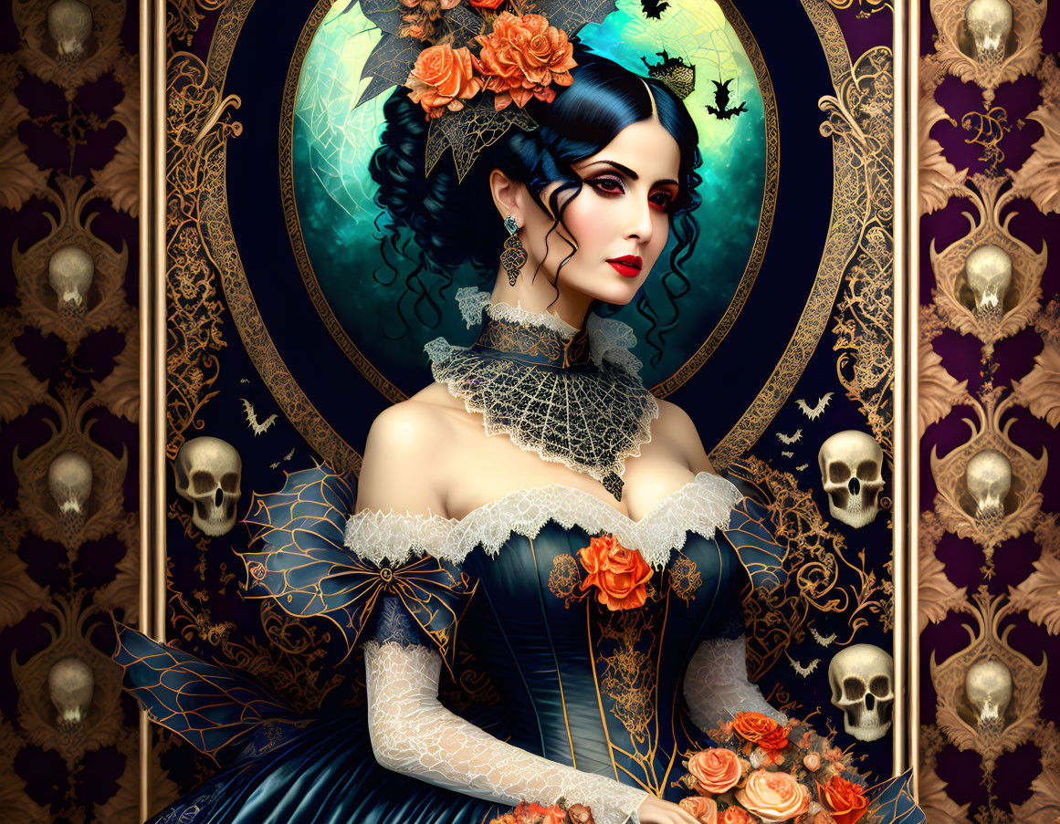 Illustration of gothic woman in Victorian dress with skulls and moon background