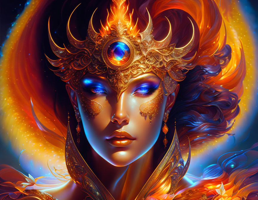 Fantasy digital artwork: Woman with golden headpiece, fiery hair, gemstone, warm colors