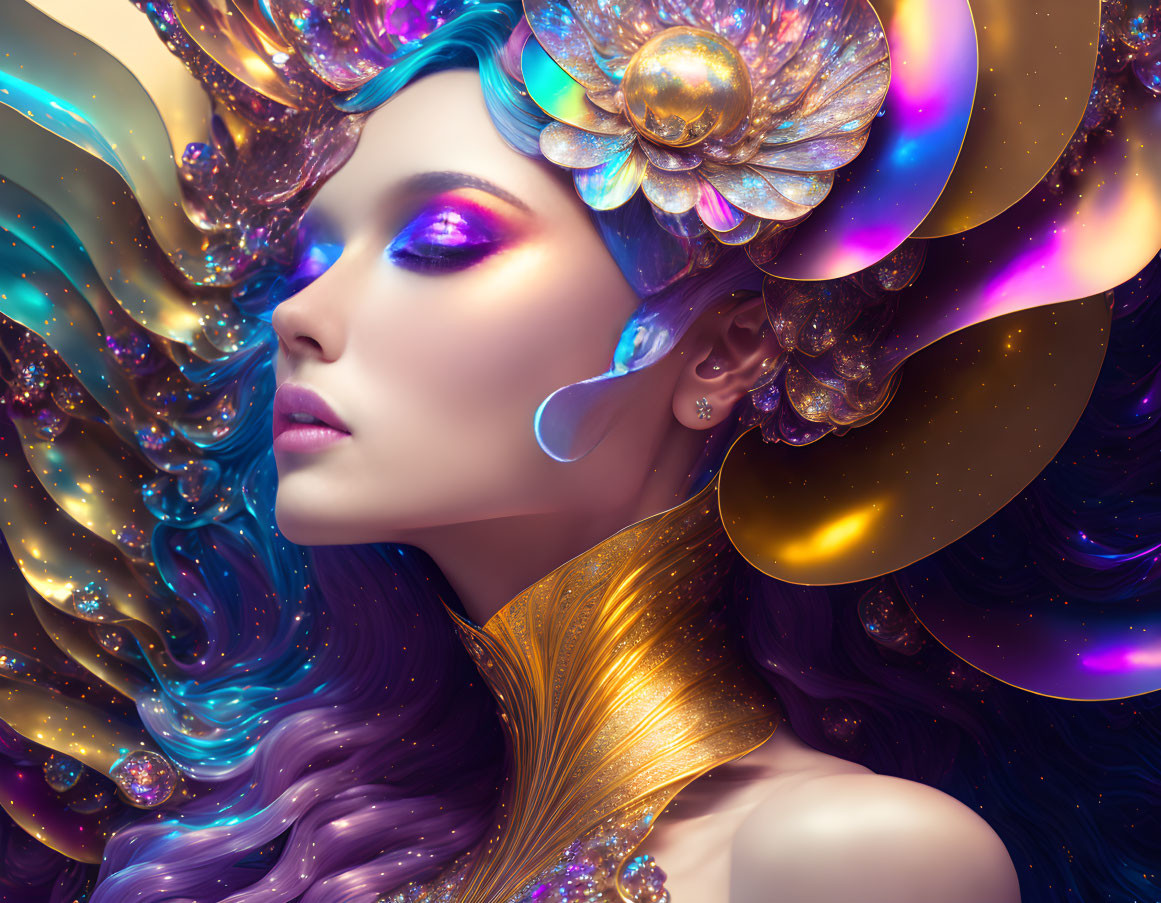 Colorful digital artwork of woman with purple makeup and swirling golden floral and cosmic elements