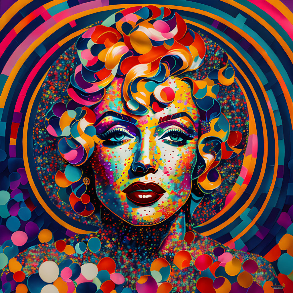 Vibrant Pop Art Portrait of Woman with Geometric Background